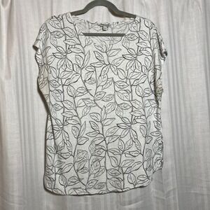 Orvis Classic Collection Womens Large Gray Linen Blend Botanical Leaf Print Tee